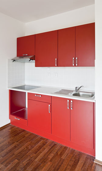 basic kitchen cabinets with red cabinet doors